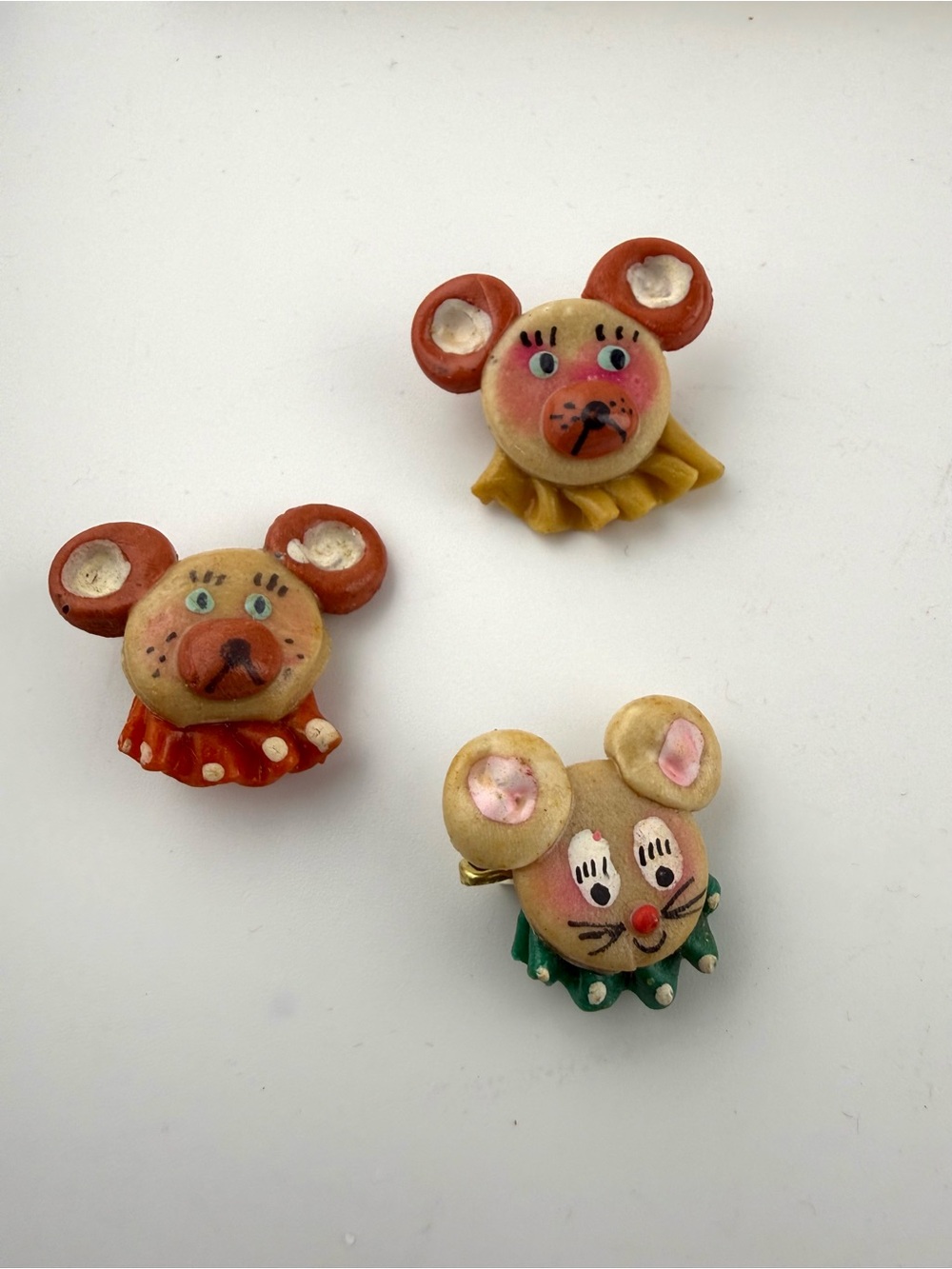 Vintage 1970s Handmade Clay Mouse Brooch Trio • Whimsical Folk Art Pins Lot of 3